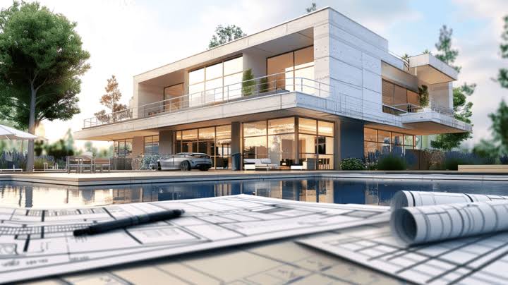 Modern luxury home with architectural blueprints